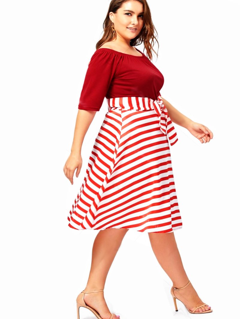 Red Christmas Dress with Whimsical Striped Skirt - Perfect for Dinner Out